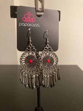 Paparazzi Silver-Tone Boho Fringe Earrings with Red Accent
